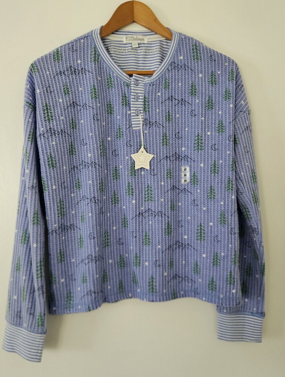 PJ Salvage Womens Pajama Top S Mountain Dreams Thermal Waffle Knit Landscape